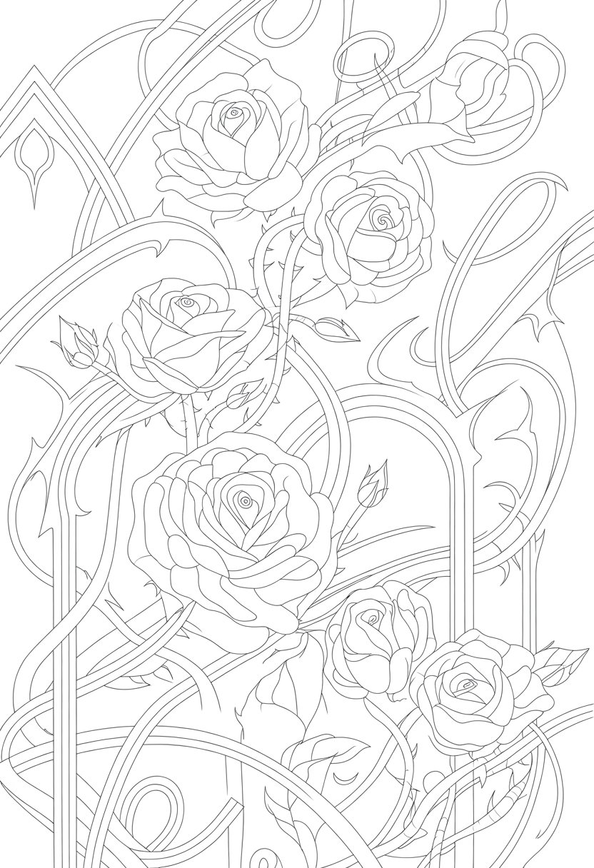 Gothic Coloring Pages for Adults: Top 20 Designs to Download as PDF and Png Files. 30 An intricate arrangement of roses and thorny vines intertwined in a decorative pattern.